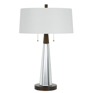 Benzara Fabric Shade Table Lamp with Faceted Mirror and Wooden Base, White BM224805 White Fabric, Mirror and Faux Wood BM224805