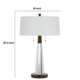 Benzara Fabric Shade Table Lamp with Faceted Mirror and Wooden Base, White BM224805 White Fabric, Mirror and Faux Wood BM224805