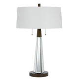 Fabric Shade Table Lamp with Faceted Mirror and Wooden Base, White