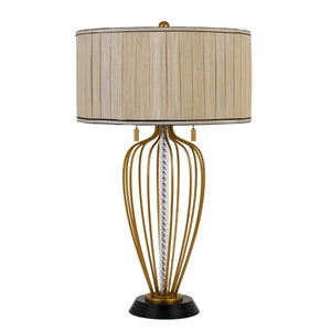 Benzara Pleated Drum Shade Table Lamp with Caged Urn Style Base, Black and Gold BM224809 Black and Gold Metal and Fabric BM224809