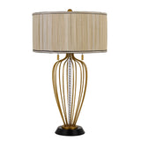 Pleated Drum Shade Table Lamp with Caged Urn Style Base, Black and Gold