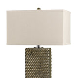 Benzara 3 Way Table Lamp with Studded Diamond Pattern Ceramic Base, Cream and Gold BM224815 Cream and Gold Metal, Ceramic and Fabric BM224815