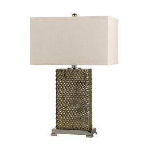 Benzara 3 Way Table Lamp with Studded Diamond Pattern Ceramic Base, Cream and Gold BM224815 Cream and Gold Metal, Ceramic and Fabric BM224815