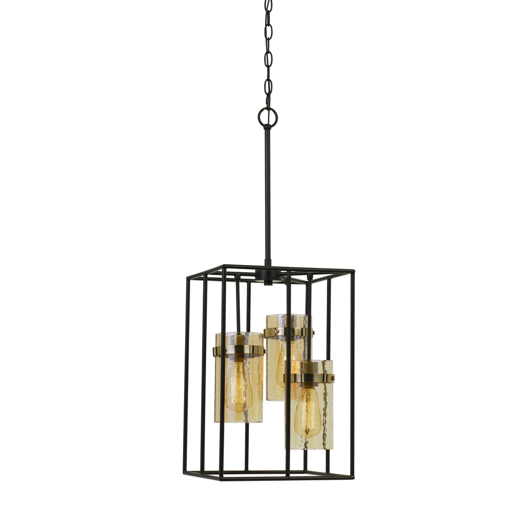 Benzara Rectangular Open Cage Design Pendant with Cylindrical Glass Shade, Black BM224818 Bronze Metal, Glass BM224818
