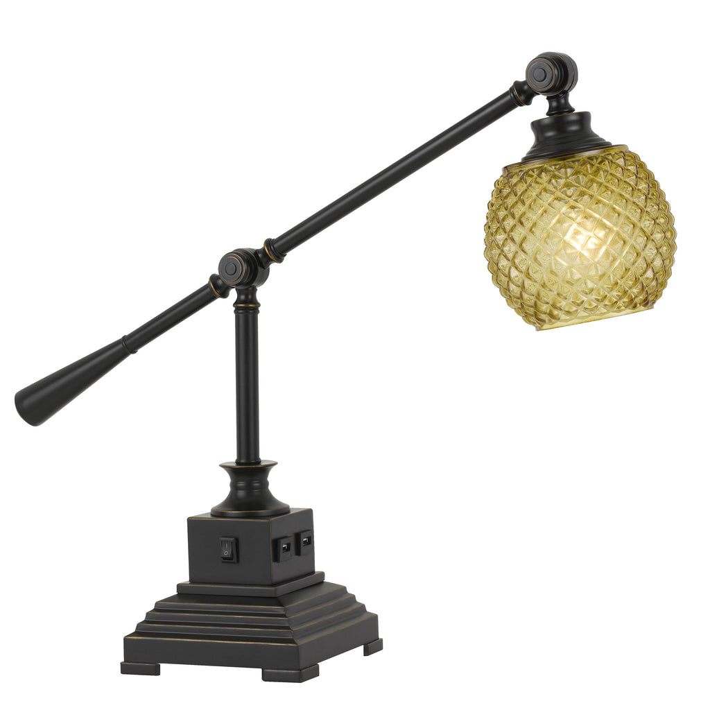 Benzara Glass Shade Metal Desk Lamp with 2 USB Outlets, Dark Bronze and Gold BM224824 Bronze, Gold Metal, Glass BM224824