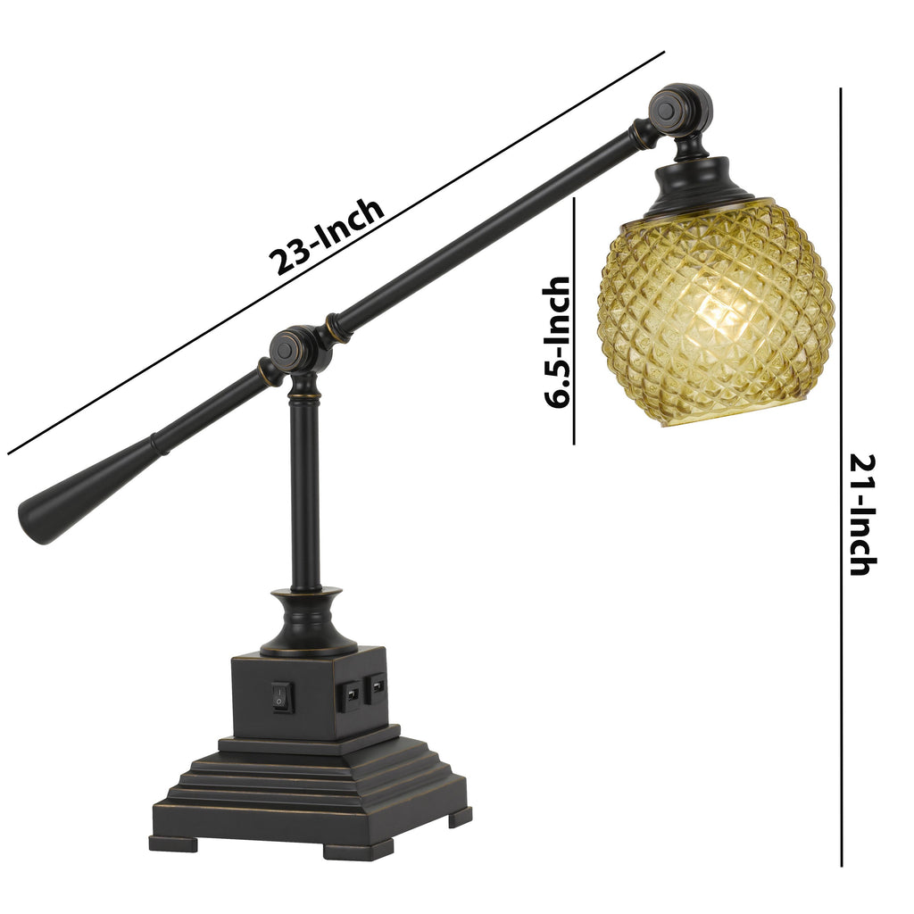 Benzara Glass Shade Metal Desk Lamp with 2 USB Outlets, Dark Bronze and Gold BM224824 Bronze, Gold Metal, Glass BM224824