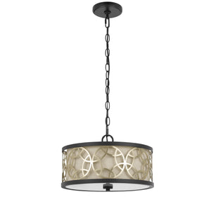 Benzara Cylindrical Drum Pendant Chandelier with Lattice Design, Black and Brass BM224827 Black and Brass Metal BM224827