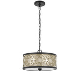 Benzara Cylindrical Drum Pendant Chandelier with Lattice Design, Black and Brass BM224827 Black and Brass Metal BM224827