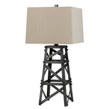 Metal Body Table Lamp with Tower Design and Fabric Shade, Gray and Beige