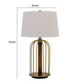 Benzara Metal Table Lamp with Cage Design Support with Round Base, White and Brass BM224830 White and Brass Fabric, Metal and Solid Wood BM224830