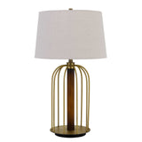 Metal Table Lamp with Cage Design Support with Round Base, White and Brass