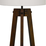 Benzara Drum Shade Table Lamp with Wooden Tripod Base, White and Brown BM224833 White and Brown Fabric, Metal and Solid Wood BM224833