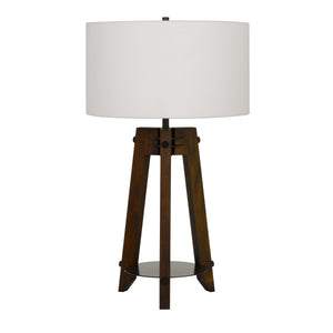 Benzara Drum Shade Table Lamp with Wooden Tripod Base, White and Brown BM224833 White and Brown Fabric, Metal and Solid Wood BM224833