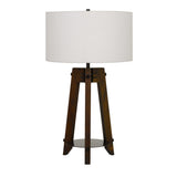 Drum Shade Table Lamp with Wooden Tripod Base, White and Brown