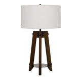 Benzara Drum Shade Table Lamp with Wooden Tripod Base, White and Brown BM224833 White and Brown Fabric, Metal and Solid Wood BM224833