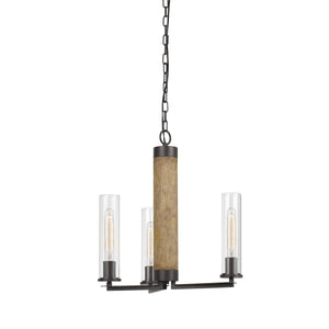 Benzara 3 Glass Shade Metal and Wooden Chandelier with Chain, Black and Clear BM224837 Black and Clear Metal, Solid Wood and Glass BM224837