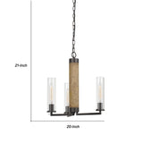 Benzara 3 Glass Shade Metal and Wooden Chandelier with Chain, Black and Clear BM224837 Black and Clear Metal, Solid Wood and Glass BM224837