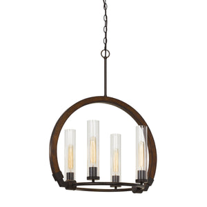 Benzara 60 X 4 Watt Wood and Metal Chandelier with Glass Shade, Brown and Bronze BM224845 Brown and Bronze Solid Wood, Metal and Glass BM224845