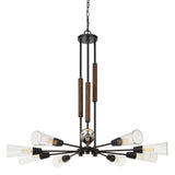 Benzara Metal Chandelier with Spoke Design Glass Shade and Wooden Accent, Black BM224856 Black Metal ,Solid wood BM224856