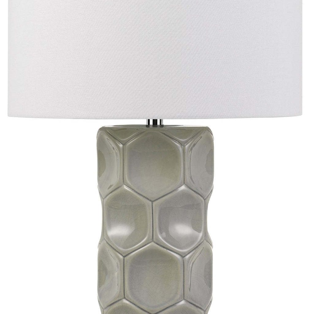 Benzara 150 Watt Textured Ceramic Frame Table Lamp with Fabric Shade, White and Gray BM224862 White and Gray Ceramic and Fabric BM224862