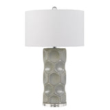 150 Watt Textured Ceramic Frame Table Lamp with Fabric Shade, White and Gray