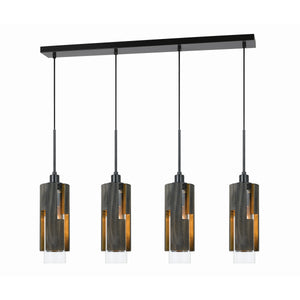 Benzara 4 Light Metal Frame Pendant Fixture with Wooden and Glass Shades, Gray BM224863 Gray Solid Wood, Metal and Glass BM224863