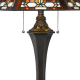 Benzara Tiffany Table Lamp with 2 Pull Switches and Resin Pedestal Body, Bronze BM224869 Bronze Resin and Glass BM224869