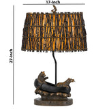 Benzara 150W 3 Way Bear Canoe Table Lamp with Oval Wicker Shade, Antique Bronze BM224872 Bronze Resin, Wicker BM224872