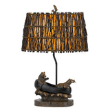 150W 3 Way Bear Canoe Table Lamp with Oval Wicker Shade, Antique Bronze