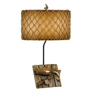 Benzara Fishing Theme Resin Table Lamp with Net Accent Paper Drum Shade, Beige BM224885 Beige Resin and Paper BM224885