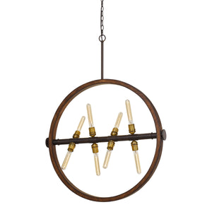 Benzara Round Wood Frame Chandelier with Metal Rod and Glass Shade,Bronze and Brown BM224893 Brown, Bronze Metal, Solid wood BM224893