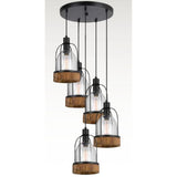 Benzara 5 Bulb Wind Chime Design Pendant Fixture with Wooden and Glass Shade, Black BM224918 Black Solid Wood, Metal and Glass BM224918