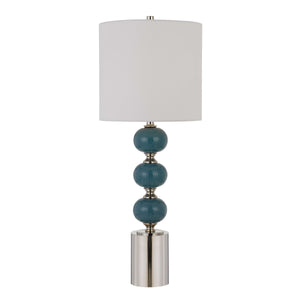 Benzara Stacked Ball Design Table Lamp with Fabric Shade, Set of 2,Blue and Silver BM224919 Blue, Silver Metal, Ceramic BM224919