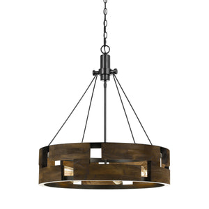 Benzara 6 Bulb Round Wooden Frame Chandelier with Geometric Cut Our Design, Brown BM224920 Brown Solid Wood and Metal BM224920