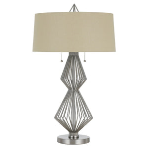 Benzara Geometric Body Metal Table Lamp with Fabric Drum Shade, Silver and Beige BM224921 Silver and Beige Metal and Fabric BM224921
