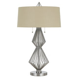 Geometric Body Metal Table Lamp with Fabric Drum Shade, Silver and Beige