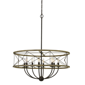 Benzara Round Wooden Frame Pendant Fixture with Metal Lattice Design, Dark Bronze BM224924 Bronze Metal, Solid wood BM224924