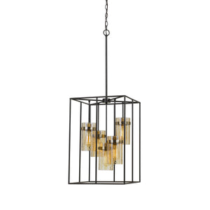 Benzara Rectangular Cage Design Metal Pendant Fixture with Glass Shade, Black BM224956 Black Metal, Glass BM224956