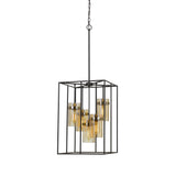 Benzara Rectangular Cage Design Metal Pendant Fixture with Glass Shade, Black BM224956 Black Metal, Glass BM224956