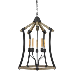 Benzara 5 Bulb Pendant Fixture with Wooden and Metal Frame, Brown and Black BM224958 Black and Brown Solid Wood and Metal BM224958