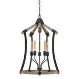 Benzara 5 Bulb Pendant Fixture with Wooden and Metal Frame, Brown and Black BM224958 Black and Brown Solid Wood and Metal BM224958