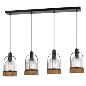 Benzara Metal Pendant Fixture with 4 Lantern Design Glass Shade, Black and Clear BM224967 Clear, Black Metal, Solid wood, Glass BM224967