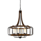 Benzara 6 Bulb Round Chandelier with Wooden Frame and Metal Bars, Brown and Black BM224968 Brown and Black Metal and Solid Wood BM224968