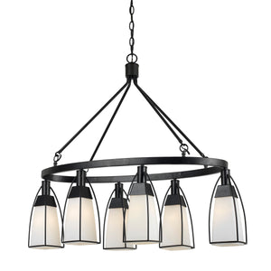 Benzara 6 Bulb Oval Metal Frame Chandelier with Glass Shades, Black and White BM224974 Black and White Metal and Glass BM224974