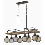 Benzara 8 Bulb Chandelier with Wooden Frame and Metal Orb Shades, Brown and Black BM224975 Brown and Black Metal and Solid Wood BM224975