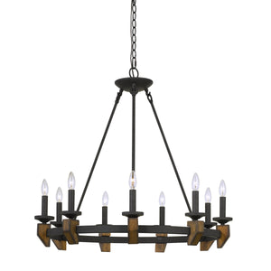 Benzara 9 Bulb Round Metal Chandelier with Candle Lights and Wooden accents, Black BM224977 Black Metal BM224977