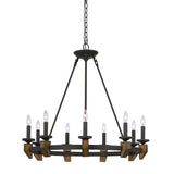 9 Bulb Round Metal Chandelier with Candle Lights and Wooden accents, Black