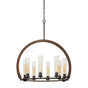 Benzara 8 Bulb Chandelier with Arched Wooden and Metal Frame, Brown and Bronze BM224978 Brown and Bronze Metal and Solid Wood BM224978