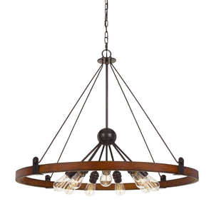 Benzara 9 Bulb Chandelier with Round Wooden Frame and Metal Cantilevers, Brown BM224985 Brown Solid Wood and Metal BM224985