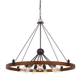 Benzara 9 Bulb Chandelier with Round Wooden Frame and Metal Cantilevers, Brown BM224985 Brown Solid Wood and Metal BM224985